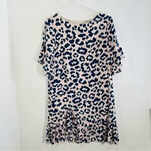Indikah Blue Pink Leopard Short Sleeve Ruffle Flounce Mini Dress Small